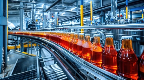 An advanced automated beverage production line operates within a modern industrial factory.