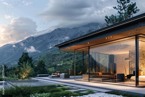 Modern glass villa in mountains with stunning views, luxury minimal design and glamping experience