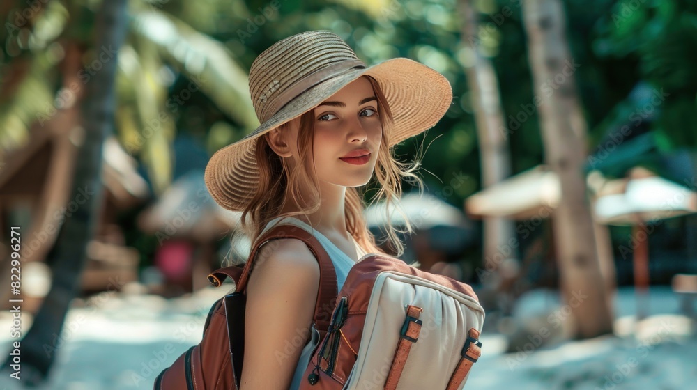 An image of a young woman with a laptop, embodying the concepts of summer and travel, ideal for your advertising needs.