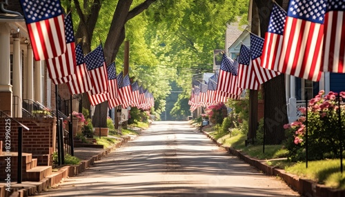 american flags lining in small town street for memorial day or independence day