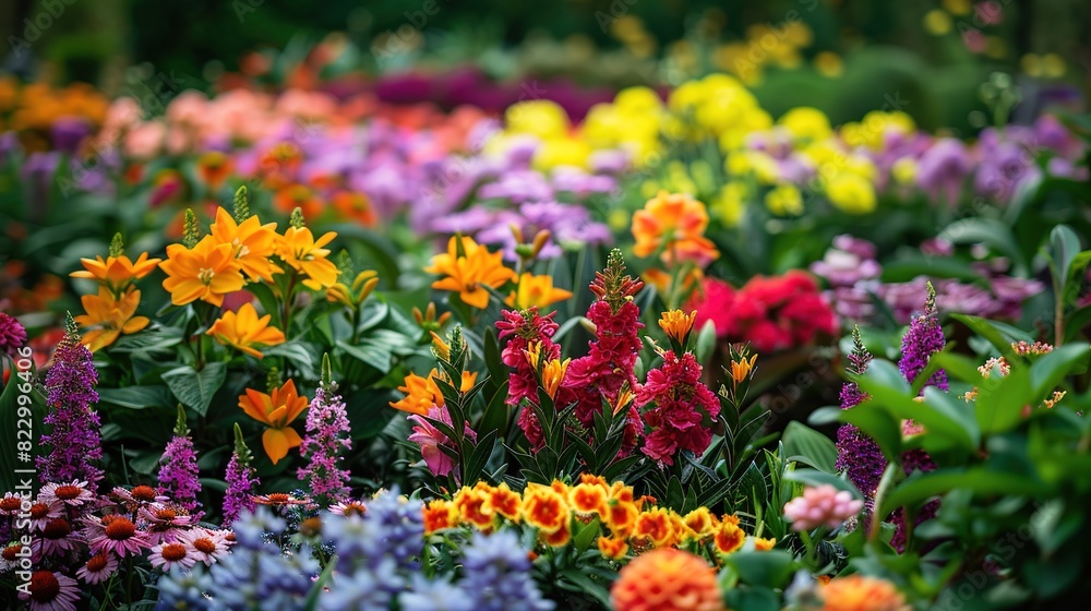 Lush garden with a variety of colorful flowers, copy space