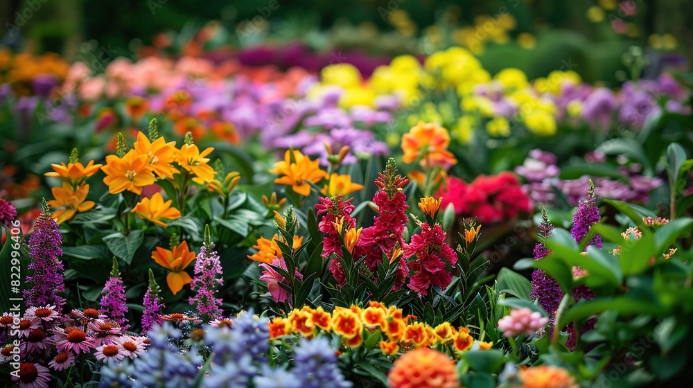Lush garden with a variety of colorful flowers, copy space Lush garden with a variety of colorful flowers, copy space