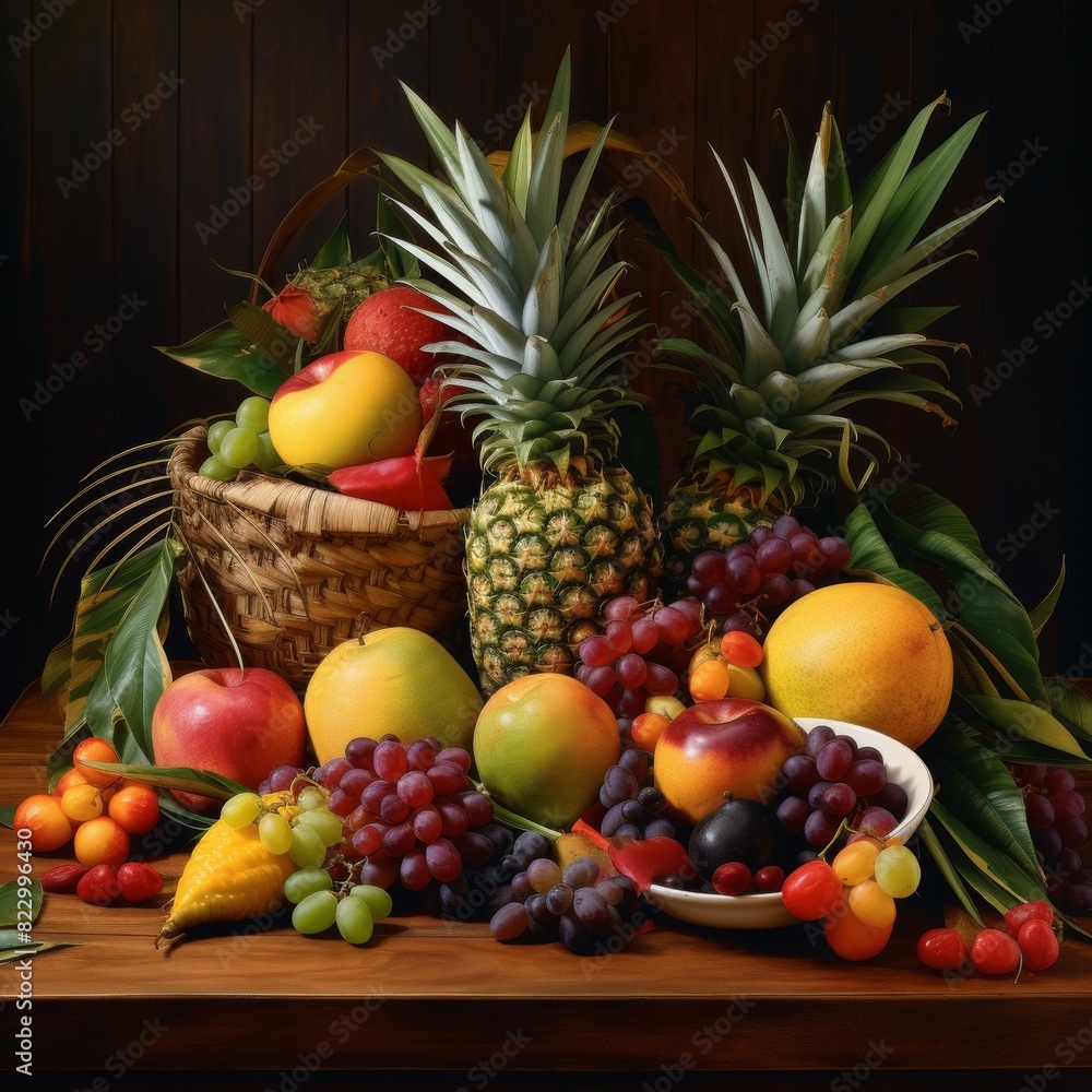 Exotic tropical fruits still life arrangement on wooden table with pineapples, coconuts, and mangoes Exotic tropical fruits still life arrangement on wooden table with pineapples, coconuts, and mangoes