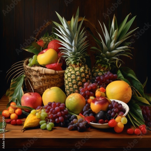 Exotic tropical fruits still life arrangement on wooden table with pineapples  coconuts  and mangoes