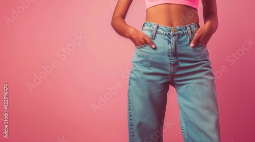 Close-up of a woman holding a measuring tape to display her slim body against a pink background. There's ample space for text. photo