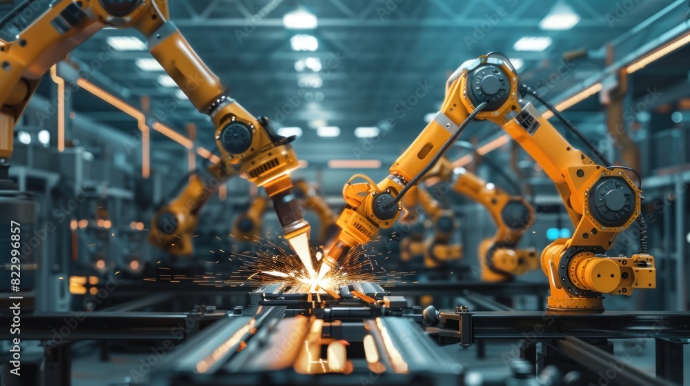 In an intelligent automotive factory, engineers oversee and control welding robotics' automatic arm machines using monitoring system software for digital manufacturing operations. In an intelligent automotive factory, engineers oversee and control welding robotics' automatic arm machines using monitoring system software for digital manufacturing operations.