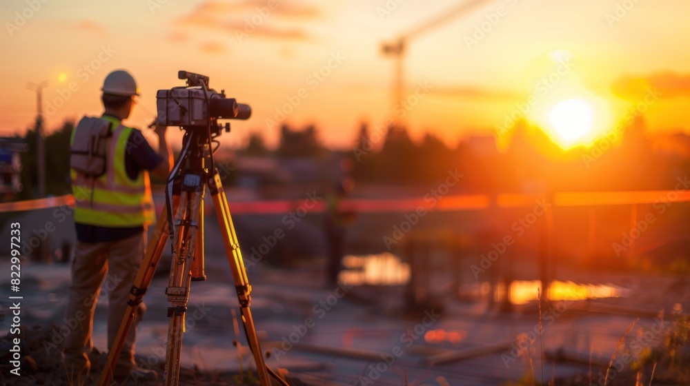 Fototapeta premium Surveyor builders and engineers utilize theodolite transit equipment outdoors at construction sites during surveying work.