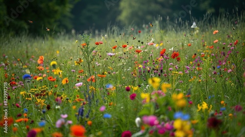 Lush green meadow with colorful wildflowers and butterflies