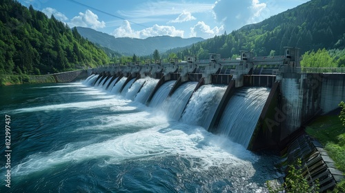 A hydroelectric dam with flowing water and green surroundings