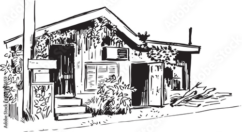 A rustic house in the forest ink sketch. Wooden old barn black and white drawing. A house with grass, ivy and plants illustration. 