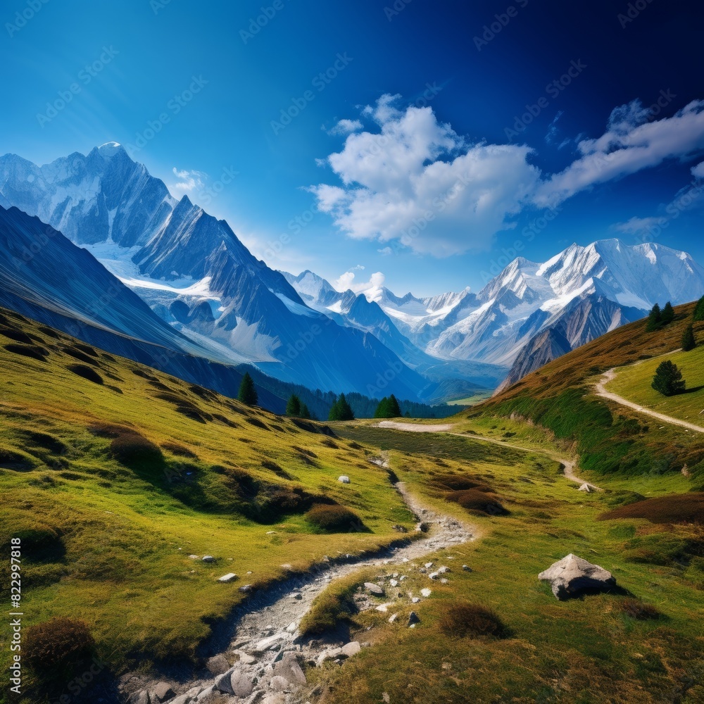 Fototapeta premium Tranquil mountain landscape with hiking trails leading to snow-capped peaks on a clear day
