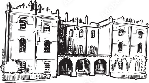 Hughenden Manor ink illustration. Britain Victorian architecture ink sketches. Tourist attraction black and white illustration. Simple minimal illustration.