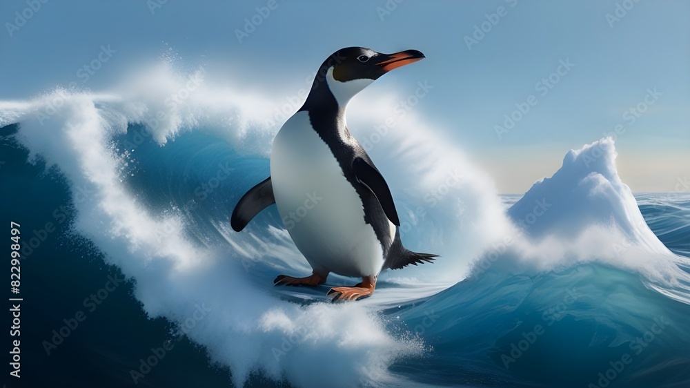 Fototapeta premium A penguin shredding on an iceberg like a snowboarder, leaving a trail of snow