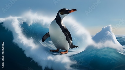 A penguin shredding on an iceberg like a snowboarder, leaving a trail of snow photo