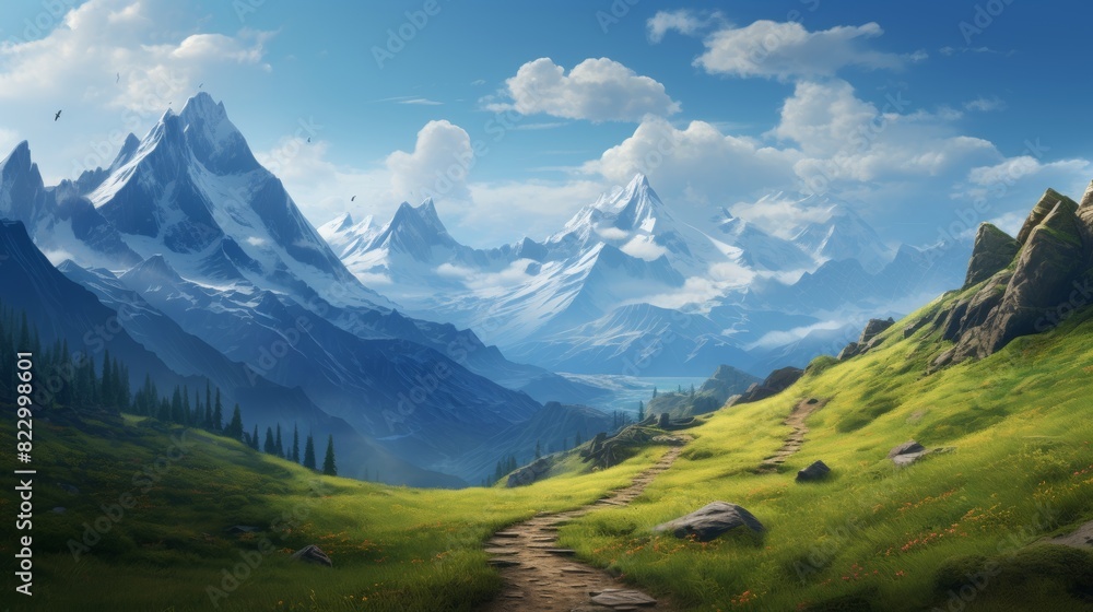 Fototapeta premium Tranquil mountain landscape featuring winding hiking trails leading to snow-capped peaks