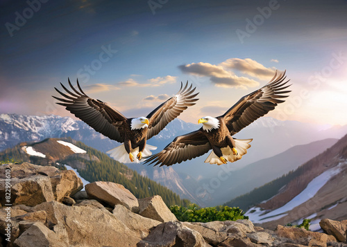 Pair of eagles flying high in mountain terrain