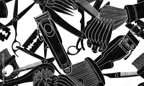 Quadro su tela Seamless clippers barber tools texture pattern illustration.
