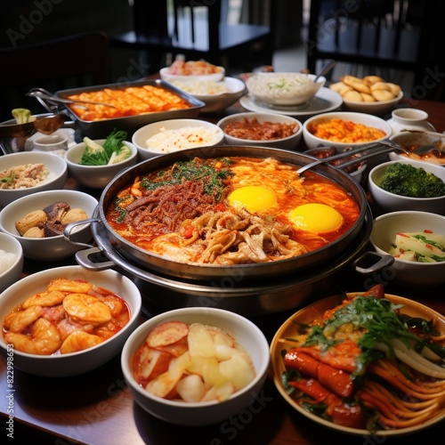 A vibrant Korean food spread featuring a variety of traditional dishes, including kimchi, stews, and side dishes, displayed on a wooden table.