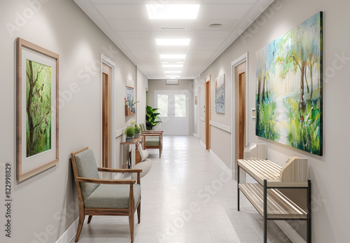 modern corridor design with lights  marble floor  painting and chairs. Created with Ai