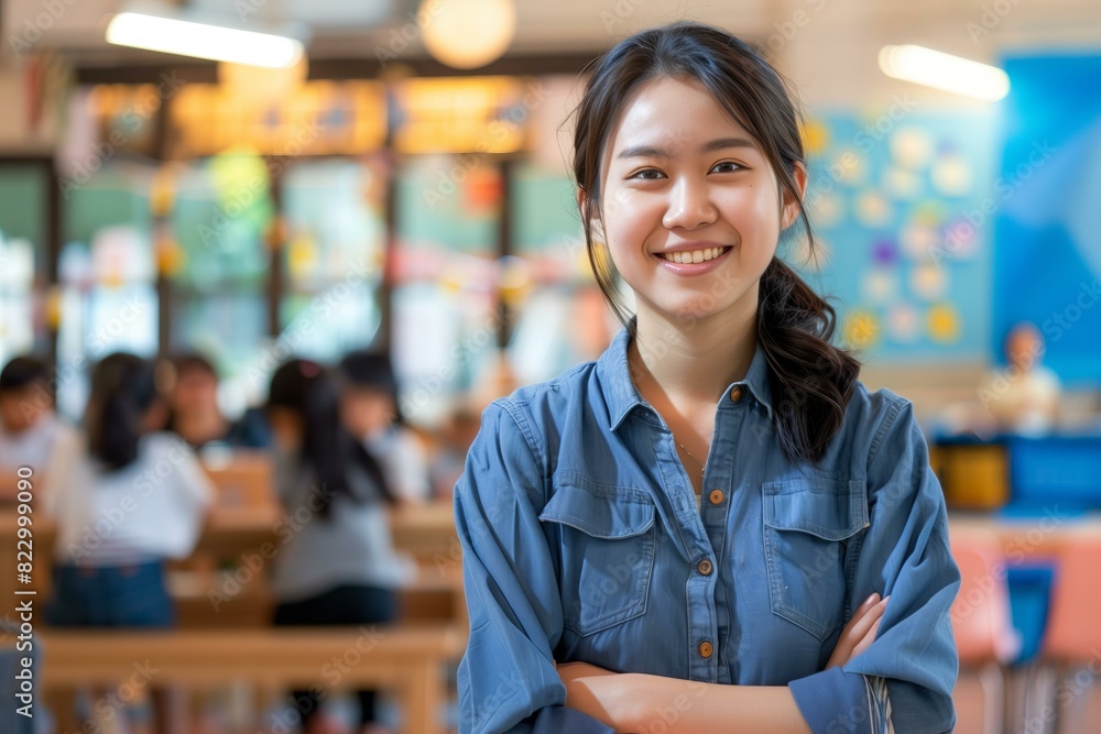 young smiling asian school teacher with blurred modern classroom with ...