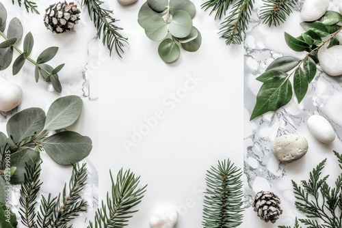 Marble background with green leaves, pine cones and blank paper for design. Copy space.