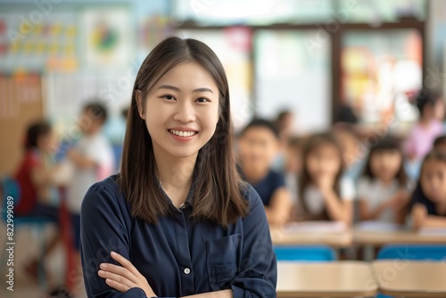 young smiling asian school teacher with blurred modern classroom with kids in the background