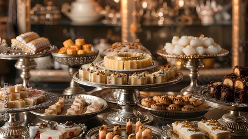 A decadent platter of assorted mithai, from creamy barfis to delicate ladoos, presented on ornate silver trays against a backdrop of opulent Mughal-inspired architecture, exuding timeless elegance.