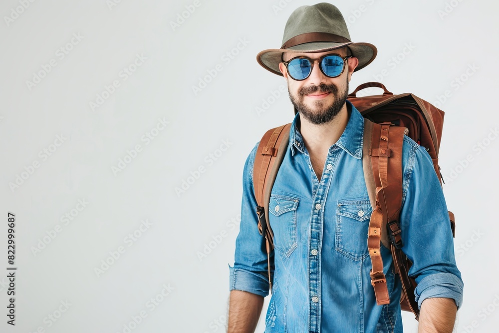 A man in a denim shirt wearing a hat, sunglasses, and backpack against a white background. Generative AI A man in a denim shirt wearing a hat, sunglasses, and backpack against a white background. Generative AI