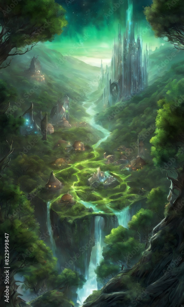 A fantasy settlement in an emerald valley with a grand castle overseeing cozy village homes along a waterfall.. AI Generation A fantasy settlement in an emerald valley with a grand castle overseeing cozy village homes along a waterfall.. AI Generation