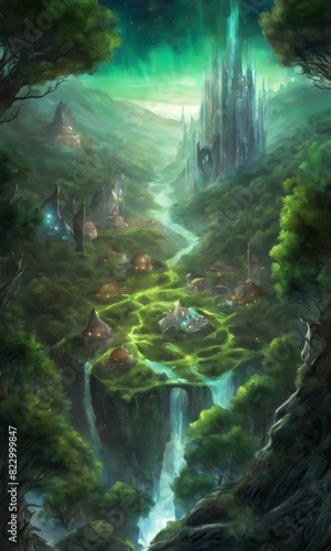 A fantasy settlement in an emerald valley with a grand castle overseeing cozy village homes along a waterfall.. AI Generation