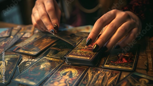 Close-up of Hands arranging tarot cards 