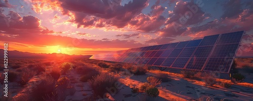 Solar panels in a desert, sunset glow, renewable energy, vibrant colors, photorealistic, modern technology photo