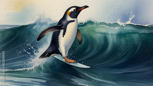 A penguin joyfully catching airtime on a wave cresting above a vast ocean