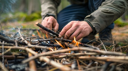 Close-up of hands building a campfire with sticks and twigs