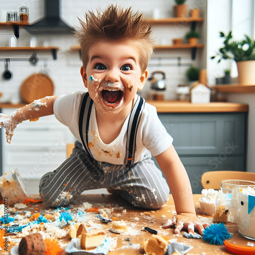 a playful hyperactive cute white toddler boy misbehaving and making a huge mess in a kitchen, throwing around cake and food at a birthday party celebration.	