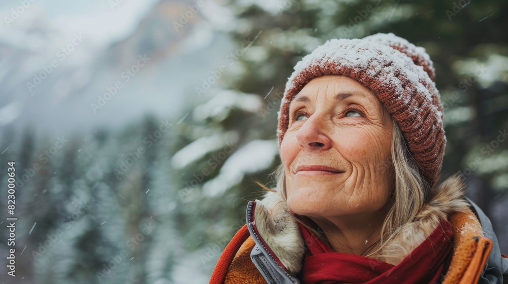 Portrait of a mature female in winter outdoor , happy woman in scenic mountain and forest landscape Portrait of a mature female in winter outdoor , happy woman in scenic mountain and forest landscape