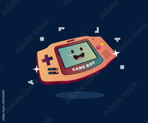 Game console, video game console, playing controller, gamepad set. Digital gadgets, joypad retro 90s style. 