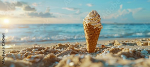 ice cream cone in the sand on a blurred background of the beach and sea © Natalia
