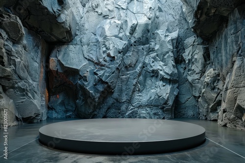 Round empty black podium for product presentation on the background of a rocky wall