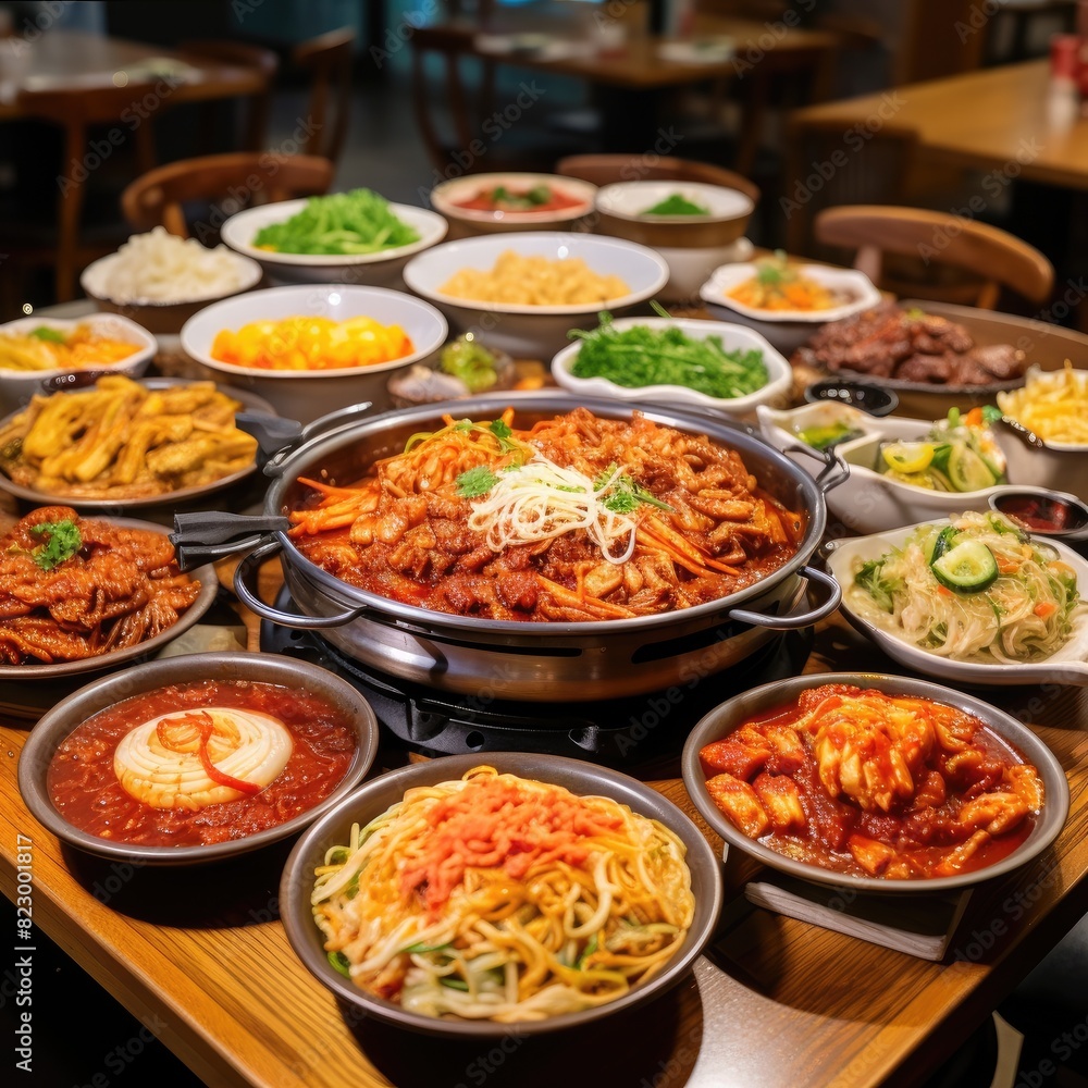 A variety of delicious Korean dishes including noodles, kimchi, and other traditional food served on a wooden table in a cozy restaurant.