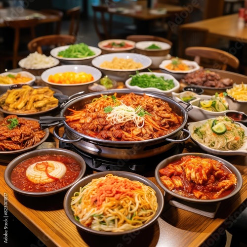 A variety of delicious Korean dishes including noodles, kimchi, and other traditional food served on a wooden table in a cozy restaurant. © Songyote