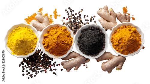 Fototapeta Naklejka Na Ścianę i Meble -  Mixed spice turmeric, ginger powder, cumin and ground black pepper isolated on a transparent background