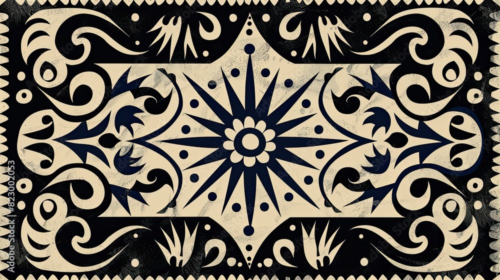 a white and blue tribal pattern with a star and other shapes, in the style of the Ainu people , dynasty, dark purple