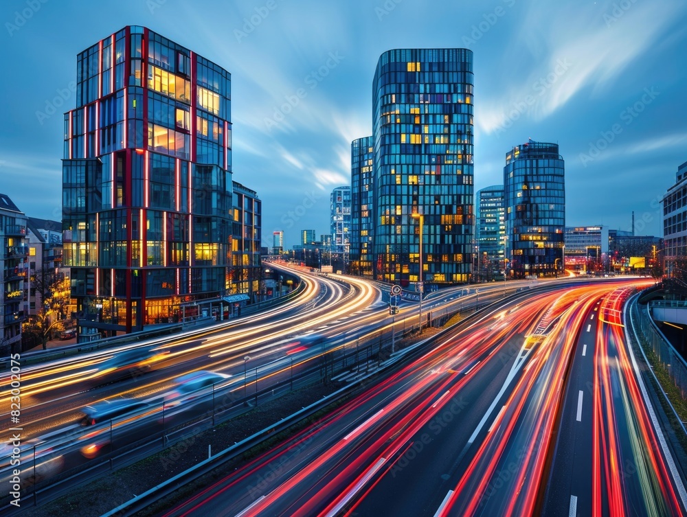 Fototapeta premium At night, the traffic trajectory on urban roads