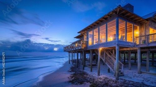 A beach house on stilts, with a wraparound porch and panoramic windows offering views of the crashing ocean waves at dusk. 32k, full ultra hd, high resolution photo