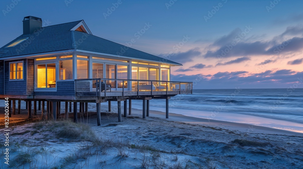 A beach house on stilts, with a wraparound porch and panoramic windows offering views of the crashing ocean waves at dusk. 32k, full ultra hd, high resolution