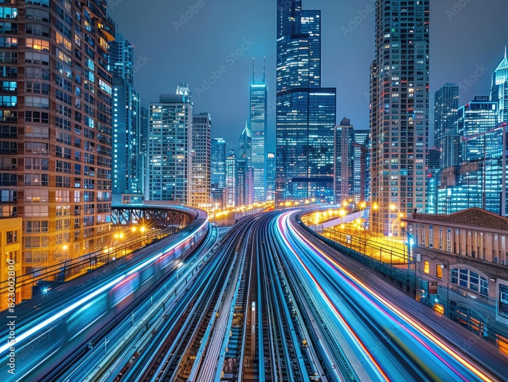 Fototapeta premium At night, the traffic trajectory on urban roads