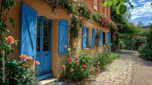 A charming stucco home with blue shutters, lush climbing roses, and a cobblestone path leading to a brightly painted front door, on a sunny spring day. 32k, full ultra hd, high resolution
