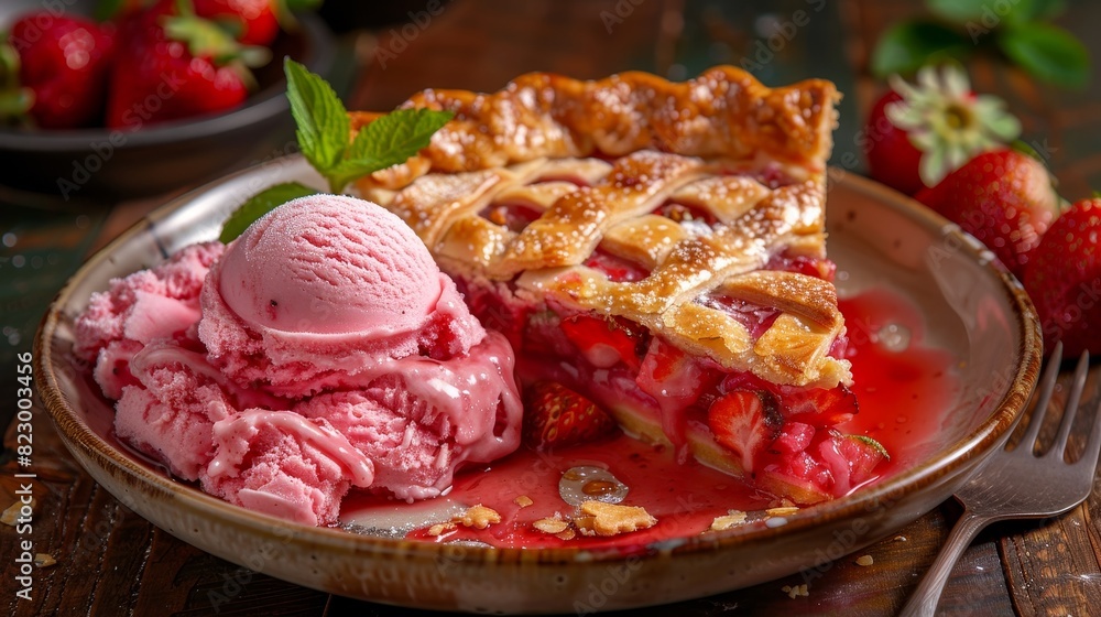 Strawberry and rhubarb pie in a detailed close-up, ice cream melting perfectly, national day festival setting, rich and vibrant colors Strawberry and rhubarb pie in a detailed close-up, ice cream melting perfectly, national day festival setting, rich and vibrant colors
