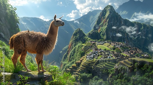 Amidst ancient ruins of Machu Picchu curious llama named Paco grazes lush grasses that carpet the terraced mountainside his gentle demeanor a stark contrast to the rugged landscape that surrounds him